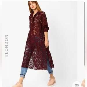 Closet London Maroon Floral Lace Shirt Dress kk.